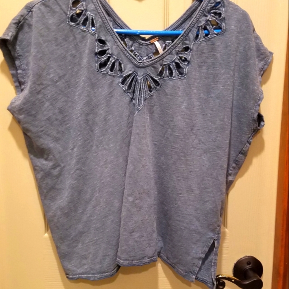Free People stone washed denim cutout shirt